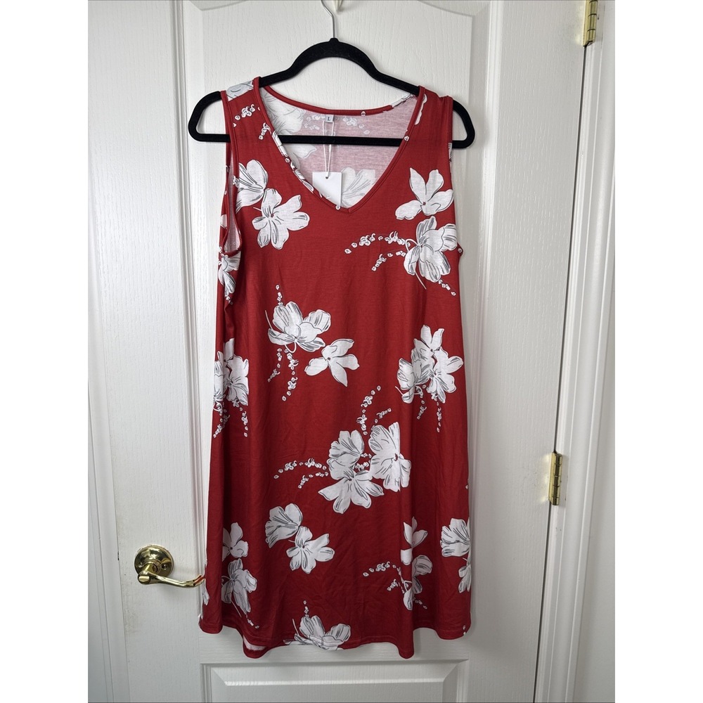 Aokosor NWT Womens Rust Floral Swing Dress Size L Sleeveless Boho Midi